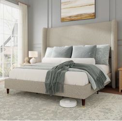Upholstered Wingback Bed Frame with Tall Headboard