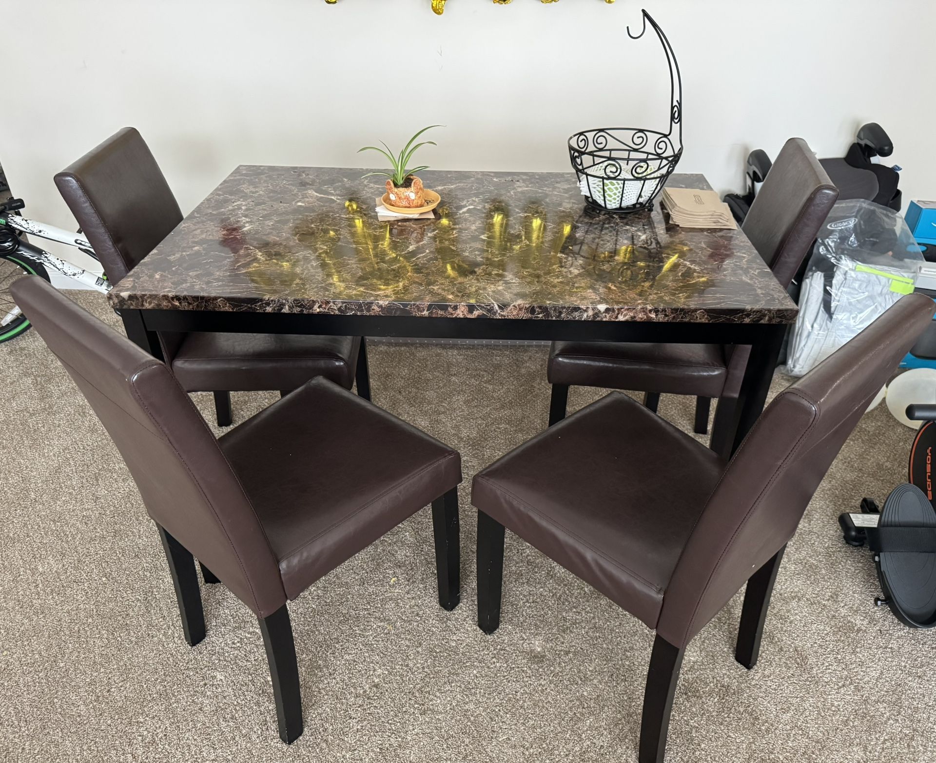 Faux Marble Dining Table Set With Bench