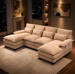 Luxurious U-Shaped Sectional Sofa with Double Chaise Lounge – Premium Cream Fabric