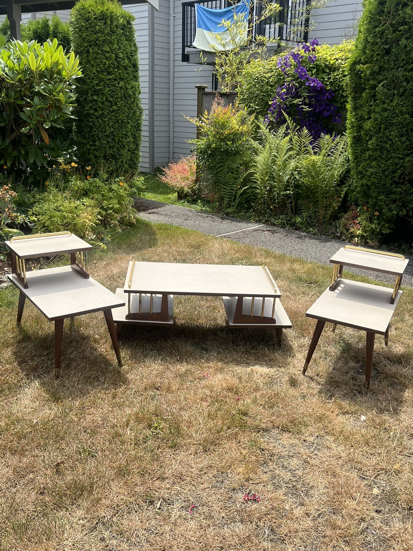Mid-Century Atomic 2-Tier Walnut & Laminate End Side Accent Tables and coffee Table set MCM Brown cream vintage mid century step-up wood end tables
