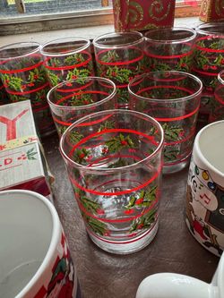 Vintage Christmas Holly & Red Stripe Glassware Set - Highball & Rocks Glasses
