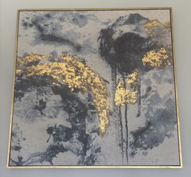 36x36 Moody Blue, White, Gold Painting Framed