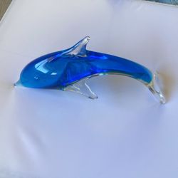 Hand Blown Blue And Clear Glass Dolphin 9-1/2in