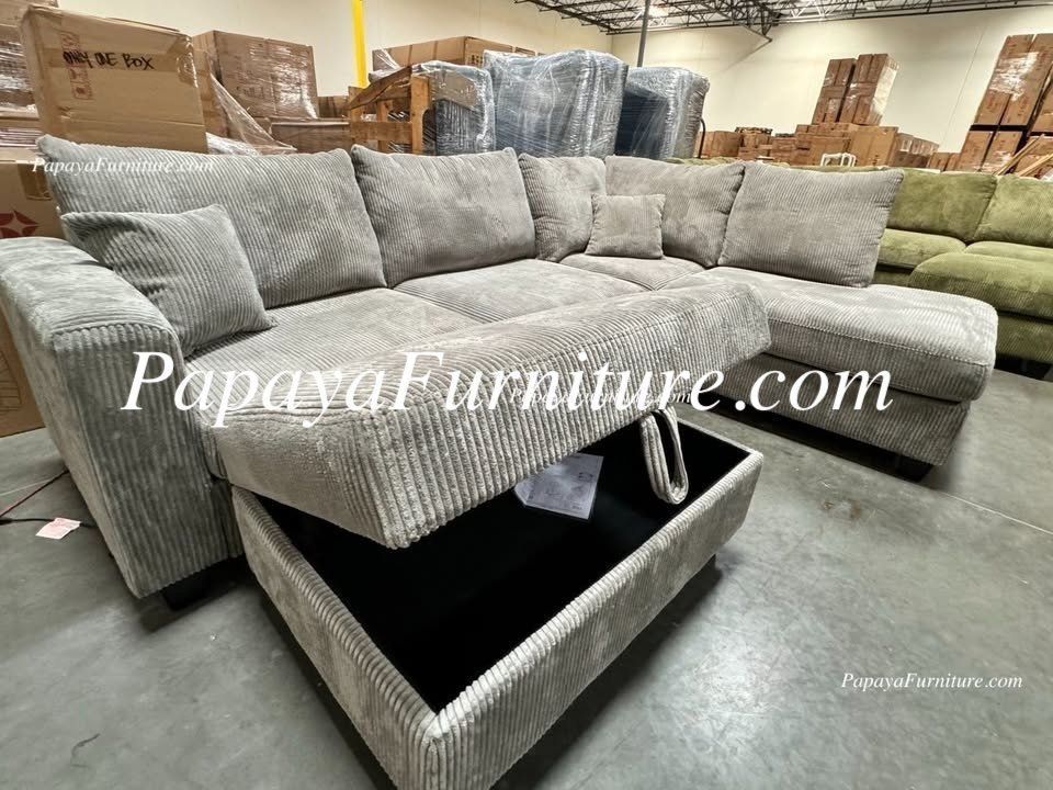 NEW Modern Sectional Sofa and Chaise Set FREE STORAGE OTTOMAN Light Grey Couch Designer Ashley Style Discount Green Ivory White Beige Black Color