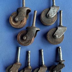 VINTAGE ANTIQUE CASTERS Lot OF 8 Metal/Wood 1.5" Shafts WHEELS 1”, 1 1/8”, 1.5”