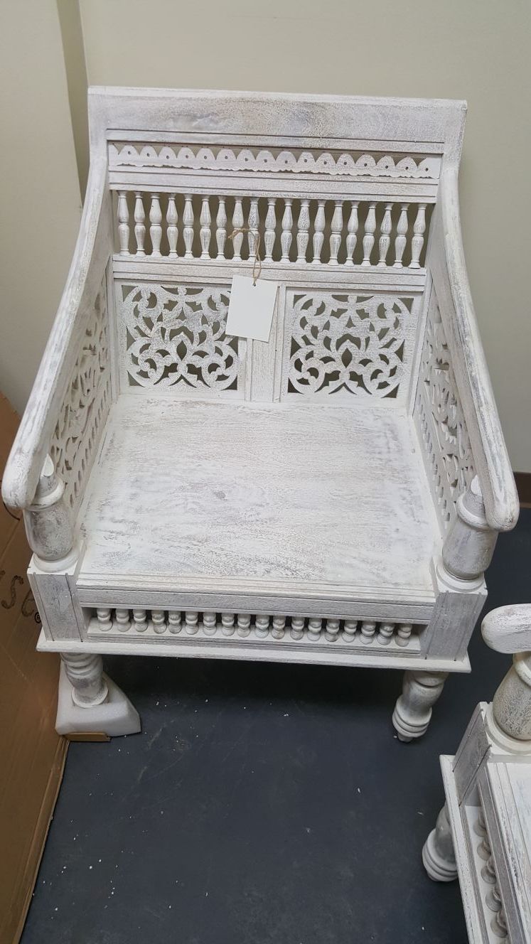 2 Maharaja Sandblasted White Wood Hand-Carved Arm Chairs