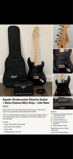 Squier Stratocaster Electric Guitar + Boss Katana Mini Amp – Like New