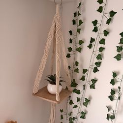 Boho Macrame Hanging Plant Shelf (Neutral + Wood)