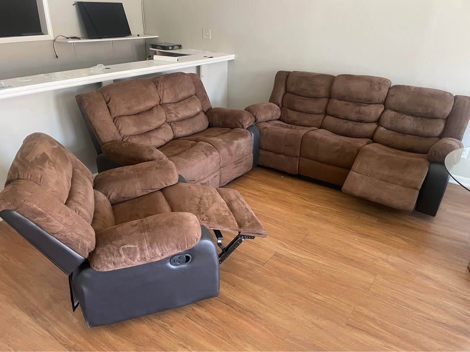 Brown 3 Piece Recliner Set—Sofa, Loveseat, Chair