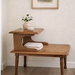 Refinished Solid Wood Walnut Two-Tier Side Table