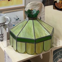 Vintage Two Tone Emerald Green Tiffany Style Slag Glass Hexagonal Hanging Pendant Lamp 21" Dia