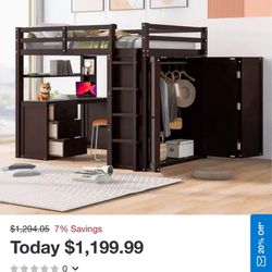 Full size Loft Bed with Drawers,Desk,and Wardrobe-Espresso