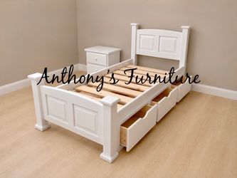 White twin bed and drawers
