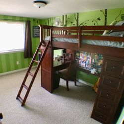 Solid Hardwood Loft Twin Bed – Cherry Finish – Dresser + Desk + Bookshelf + Chair + Mattress + Bedding