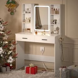 White Vanity Desk with LED Mirror and Storage