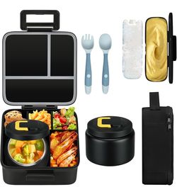 Bento Lunch Box with 8oz Soup Thermo and Insulated Lunch Bag, Kids Leakproof Lunch Food Containers with 5 Compartment, Boys Girls Thermo Hot Food Jar
