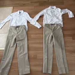 Two Sets Of Khaki Pants With The White Long Sleeve Shirt