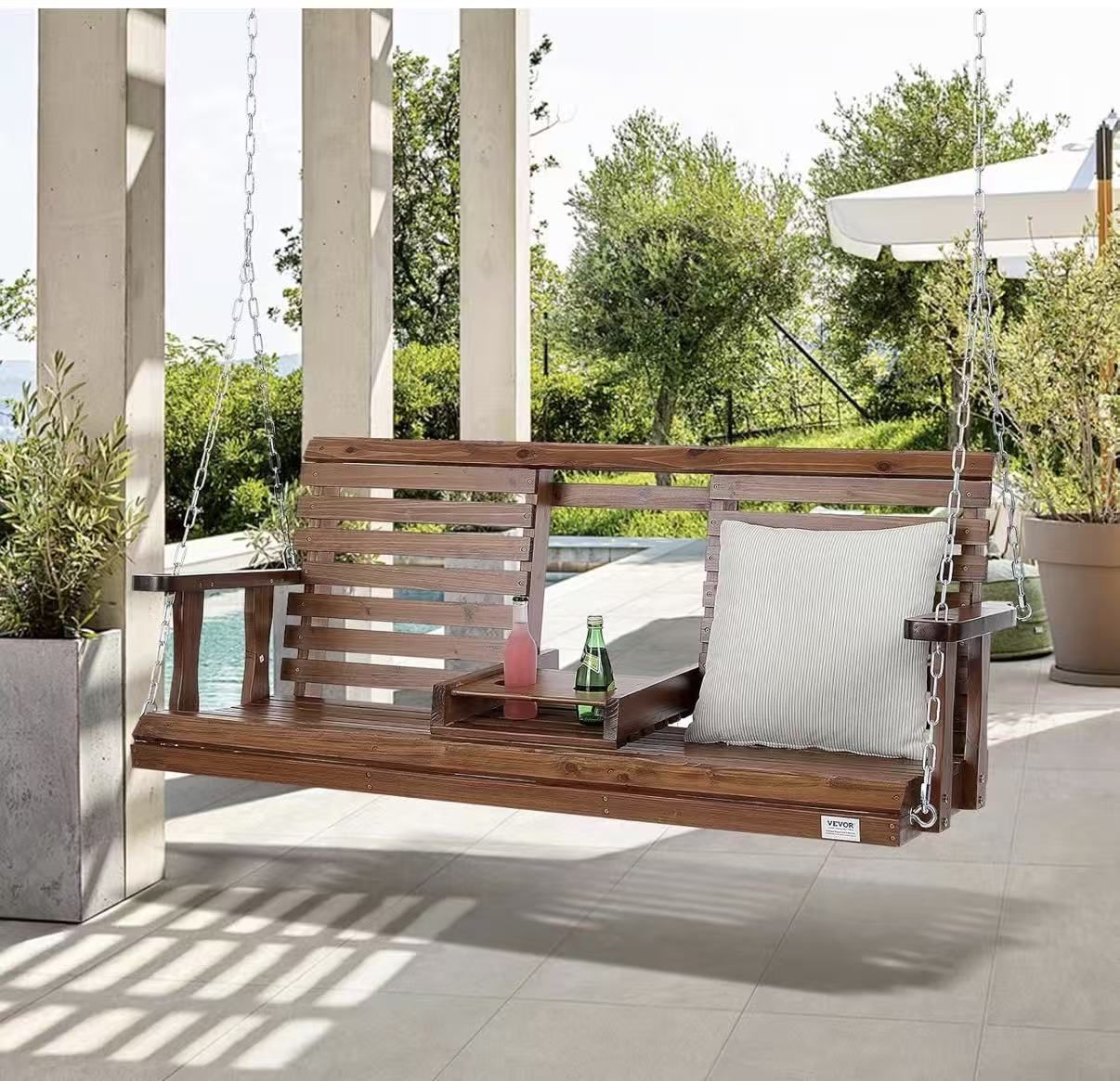 Wooden Porch Swing 5 ft, Patio Bench Swing for Courtyard & Garden, Upgraded 880 lbs Strong Load Capacity, Heavy Duty Swing Chair Bench with Hanging Ch