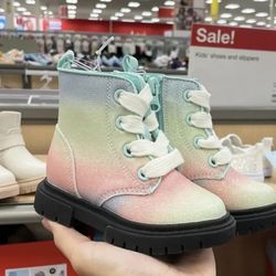 Cat & Jack Combat Boots Amaya Toddler Girls  Rainbow Glitter Lace  &
Evie Cream Buckle Moto Boots