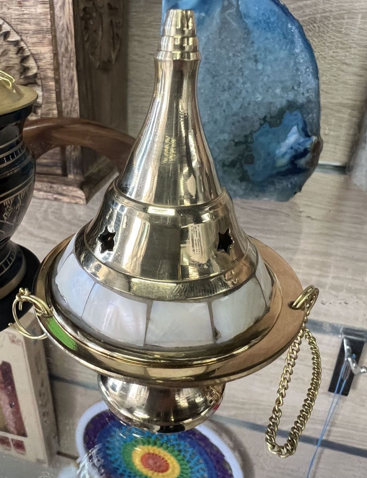 Brass Hanging Burner Pearl Stone