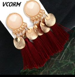 NEW... Bohemian Tassel Crystal Long Drop Earrings for Women Red Cotton Silk Fabric Fringe Earrings 2020 Fashion Woman Jewelry