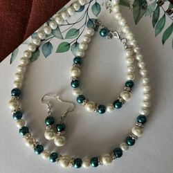 Teal, Pearl, And Diamond Necklace Bracelet Earring Set