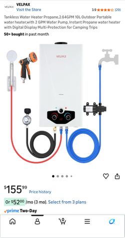 CAMPLUX 2.64 gpm portable tankless water heater. Listing is straight off Amazon’s site and Velpax is the seller.