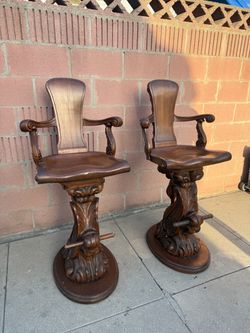 Pair of Ornate Carved Wood Bar Stools