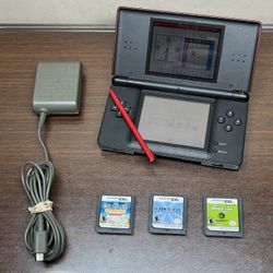 Nintendo DS Lite Handheld Console USG-001 Crimson Red/Black w/ Stylus & 3 Games
