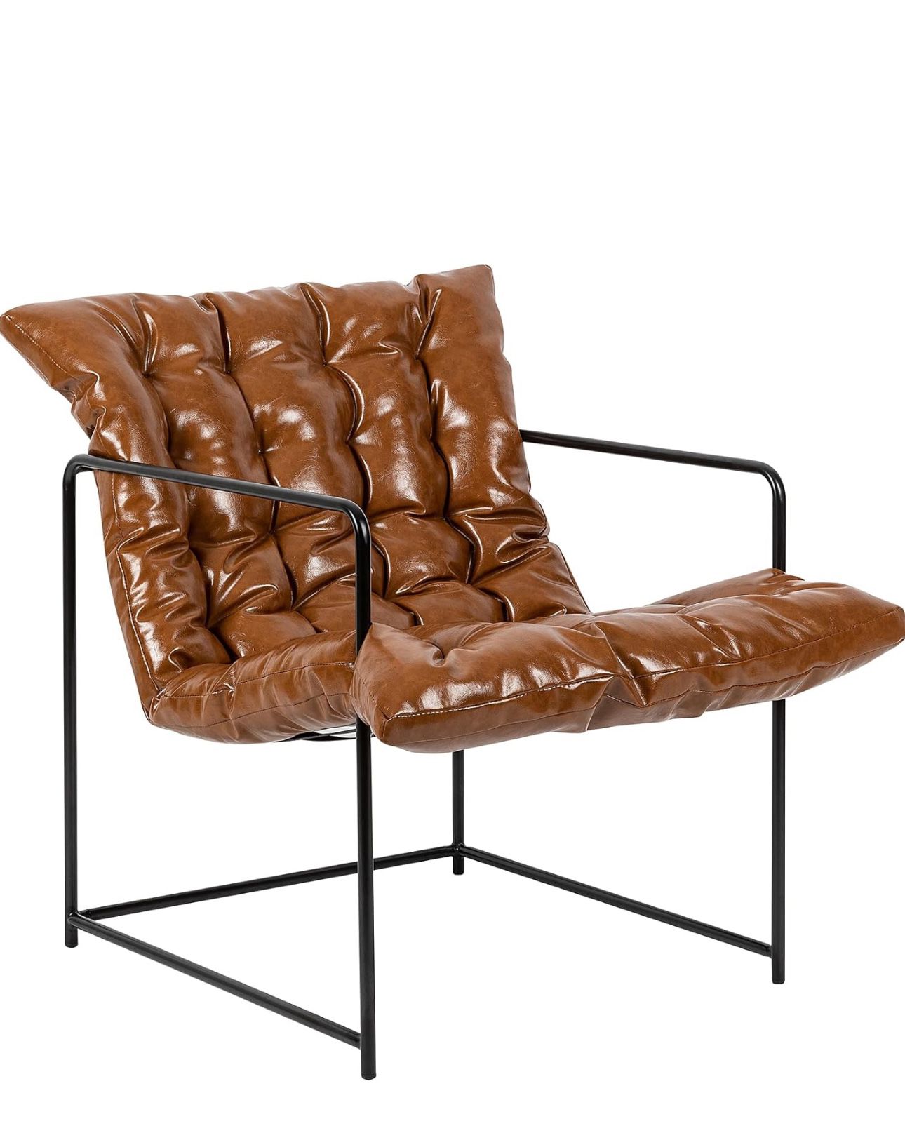 NEW GIA Mid Century Modern Accent Chair for Living Room, Bedroom, and Office, Set of 1, Upholstered in Brown PU Leather with Black Metal Base