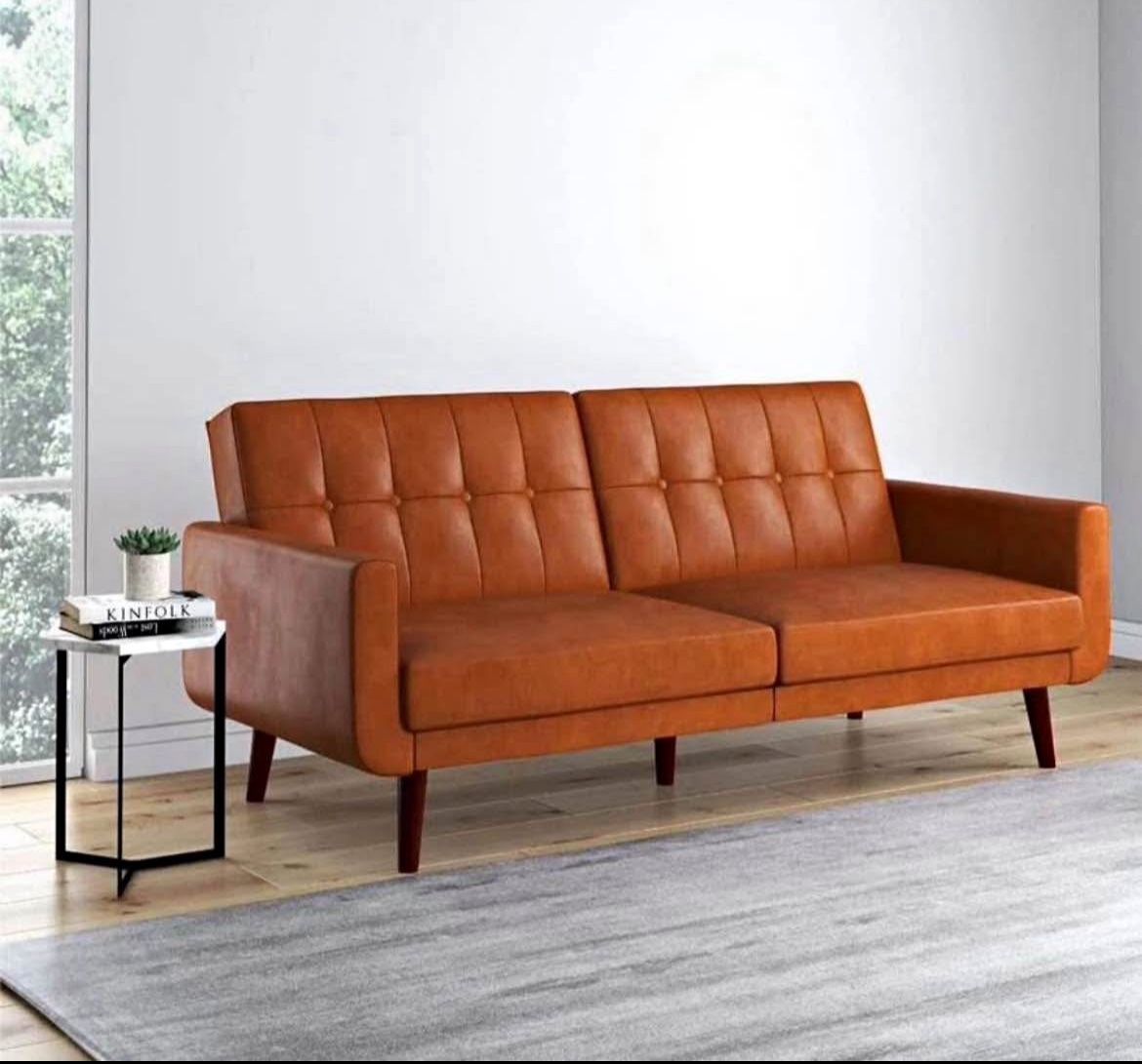 Modern Futon, Camel Faux Leather