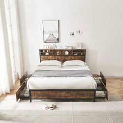 Brown Queen Bed Frame W/ 4 Drawers 