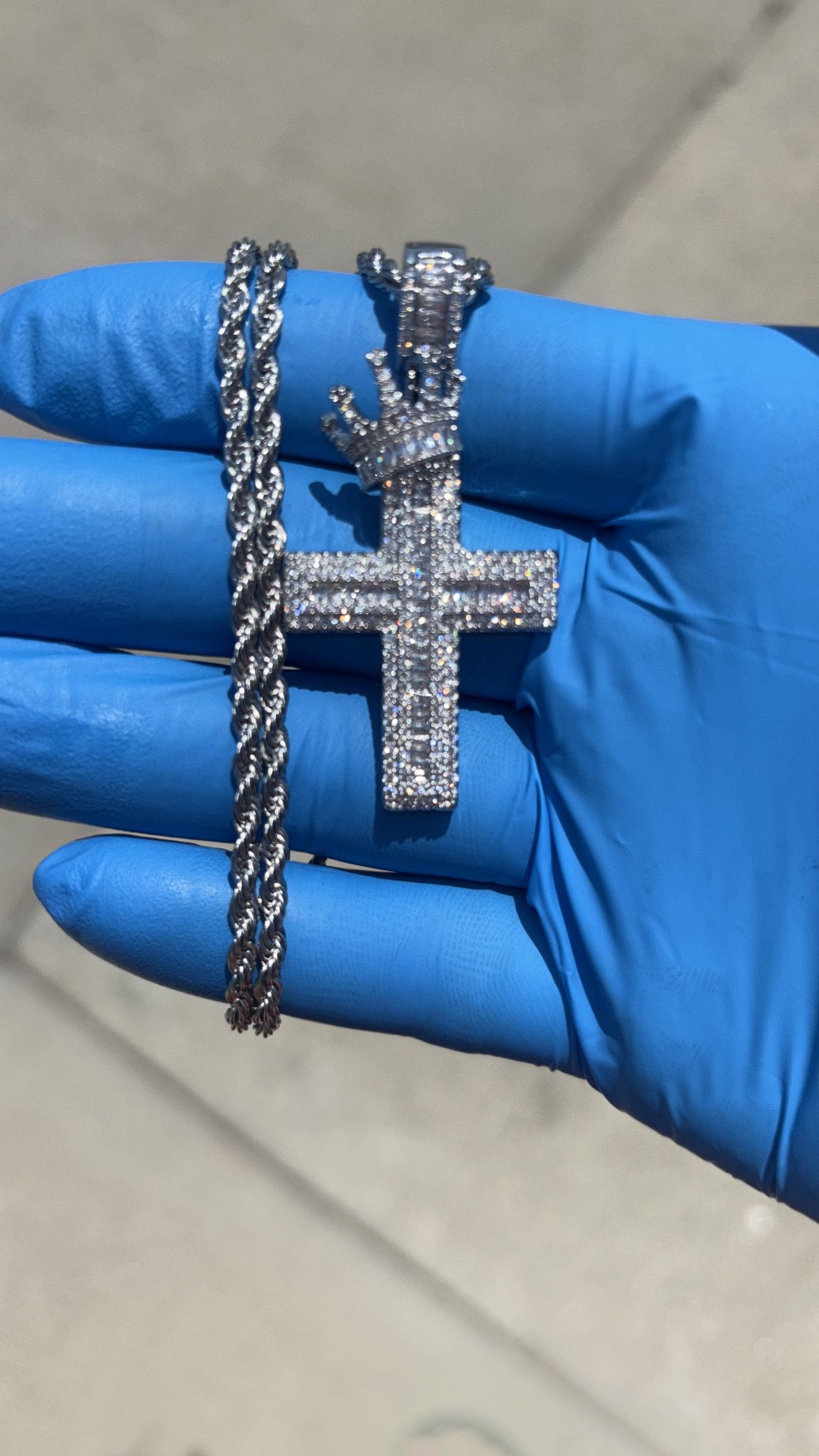 Cubic Zirconia Crown Cross Silver Rope Chain