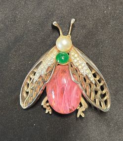 Vintage Signed R. Mandle Jelly Belly Pink Lucite Insect Bug Brooch Pin