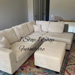 On Sale ‼️ 3-Pc Ivory Corduroy Sectional Sofa W/ Storage Ottoman & USB Port