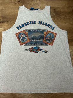 heather grey tank top features a "Paradise Islands Hawaii Two Cents" graphic reminiscent of vintage 1990s surfwear large