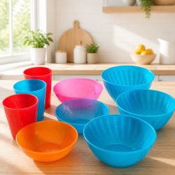 Colorful Plastic Bowls and Cups Set