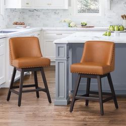 Set Of 2 Swivel Faux Leather Barstools