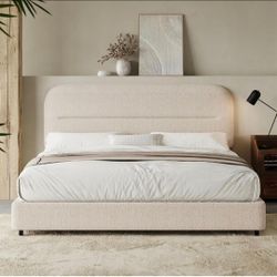 Full Bed Frame, Beige Boucle Upholstered Platform Bed
Low profile design with Adjustable Cloud Like Headboard, Rounded Corners, Solid Wood Slat Suppor