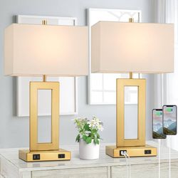 22” Table Lamps Touch Control 3-Way Dimmable A+C USB Charge Ports Gold Bedside