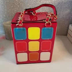 Retro Glossy Red Multicolor Square Rubiks Cube Shape Purse Chain Handbag NEW