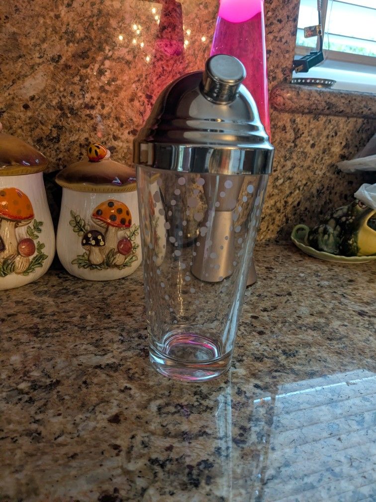 Mid Century Modern 1960s Vintage Libbeys Etched Glass Polka Dot Cocktail Shaker Barware