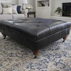 Vintage Ethan Allen Tufted Black Leather Ottoman With Wheels 