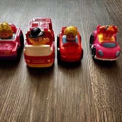 Fisher Price Little People Wheelies Lot Of 4 Cars Racers including fire truck