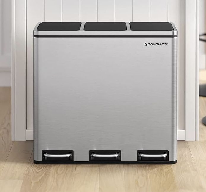 NEW 3 Bin Trash Can, 4.8 Gallon Garbage Can, 14.4 Gallon Recycle Bin W/ Soft-Close Lids, Pedals !