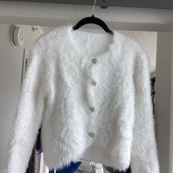 Beautiful New White Cardigan “Faux Mink”Sweater Sz XS With Gold And Pearl Buttons 
