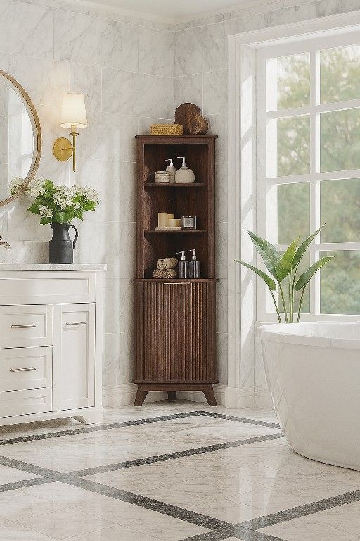 Corner Cabinet, Modern Fluted Storage Cabinet with Adjustable Shelves, Curved Profile Design, Space Saver for Bathroom, Living Room, Kitchen, Walnut 