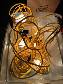 50’ Husky 5 socket caged temporary lights w/ bulbs, 25’ extension cord