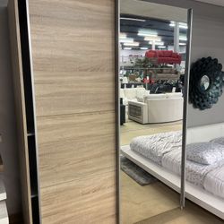 Delrissa Matte Oak & Mirrored Wardrobe w/ Sliding Doors