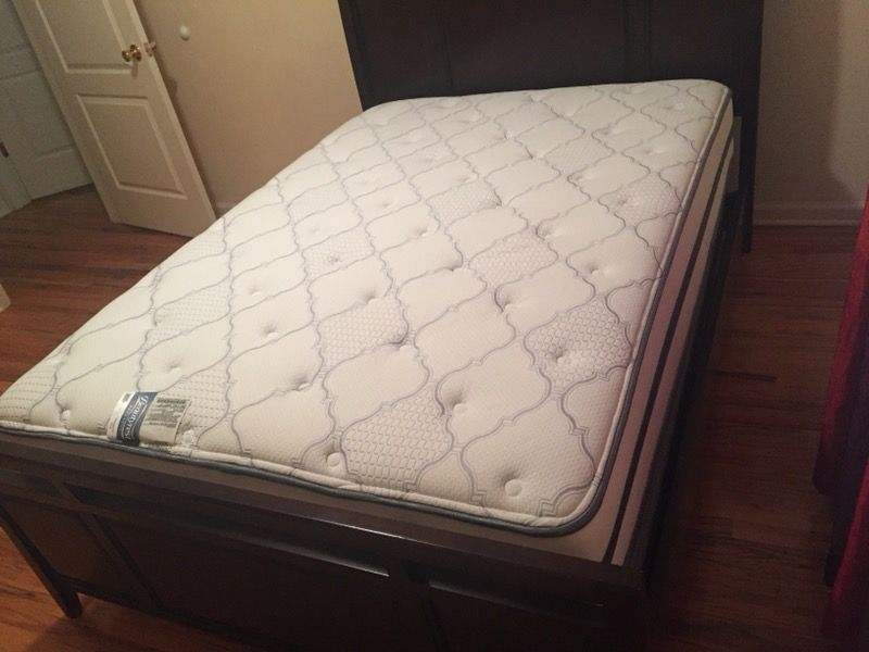 Full size bed frame, box mattress, cover